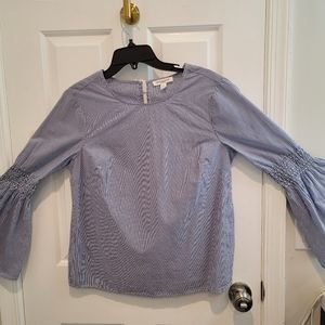 Beachlunchlounge, bell sleeve, vertical blue stripes blouse